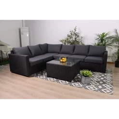 Ottoman Loungeset Met Salontafel - Wicker Set - Zwart